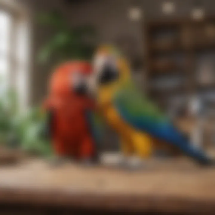 A macaw playing with a child in a lively home setting