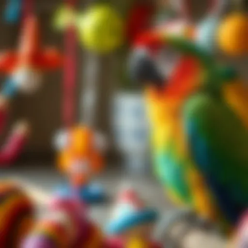 Colorful Parrot Engaging with Toys Colorful parrot playing with a variety of toys