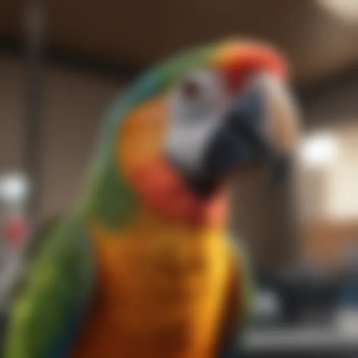 A vibrant parrot receiving specialized medical care