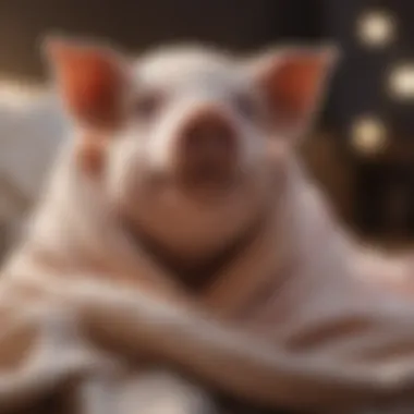 Cute pig snuggling with a blanket