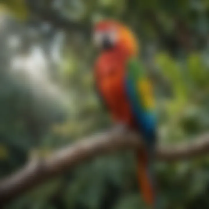 A colorful macaw perched on a branch, illustrating its vibrant plumage and personality.