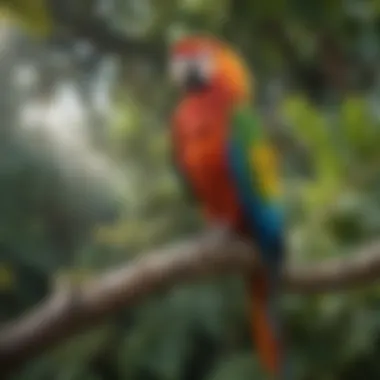 The Vibrant Macaw in Nature A colorful macaw perched on a branch, illustrating its vibrant plumage and personality.