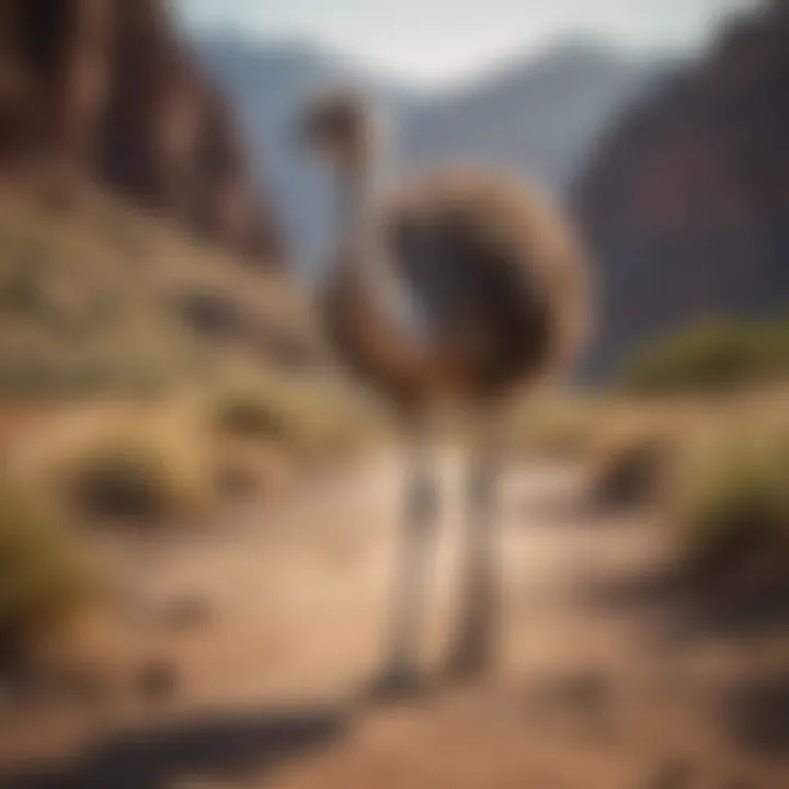 An ostrich gracefully walking through its natural habitat, highlighting its unique features.