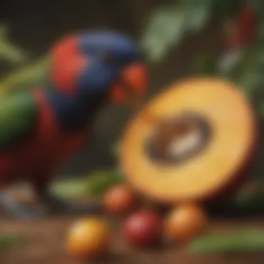 A close-up of lory feeding on a fruit, highlighting its dietary preferences.