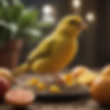 Canary Feeding: Dietary Preferences Explained A close-up of a canary feeding on fresh fruits and seeds, illustrating dietary preferences.