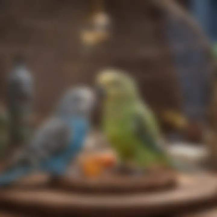 A cozy cage setup with toys and perches for budgies