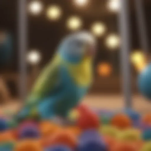 A vibrant budgie perched on a colorful play gym