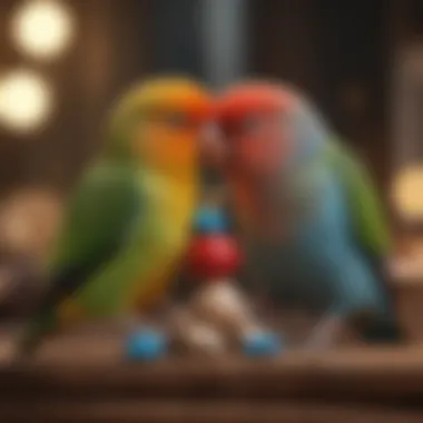 A lovebird interacting playfully with a toy