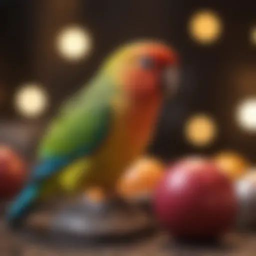 Colorful parakeet perched on a vibrant toy