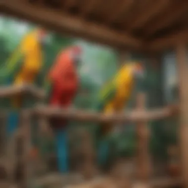 Diverse Designs of Wooden Perches for Parrots Various designs of wooden parrot perches displayed in a vibrant aviary setting
