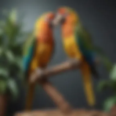 Parrots Thriving on Quality Wooden Perches Parrots engaging playfully on various wooden perches within their habitat