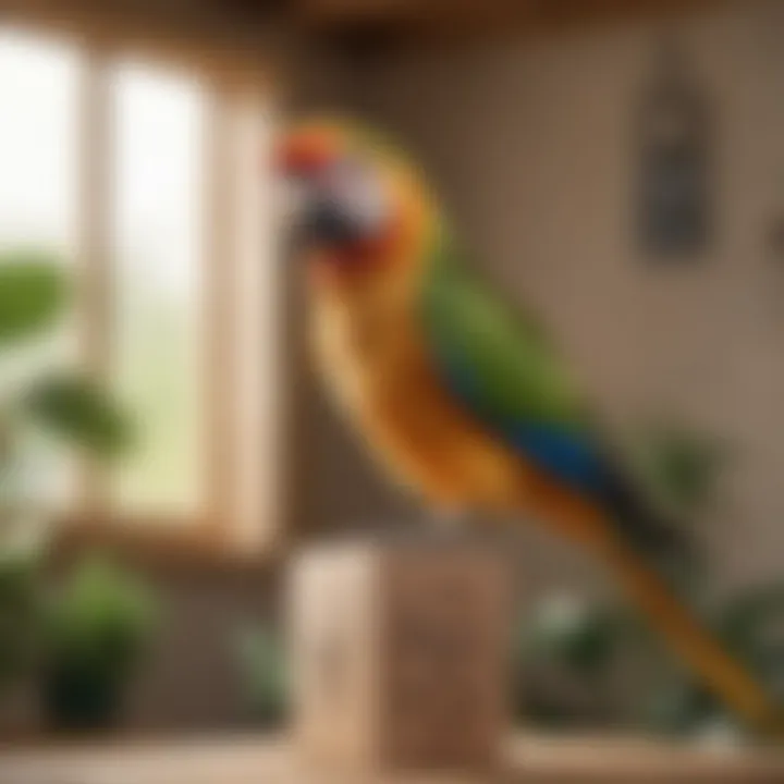 Close-up of a sustainably sourced wooden perch with an eco-friendly label