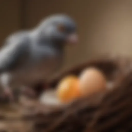 Illustration of a pet bird interacting with a fake pigeon egg in its nest