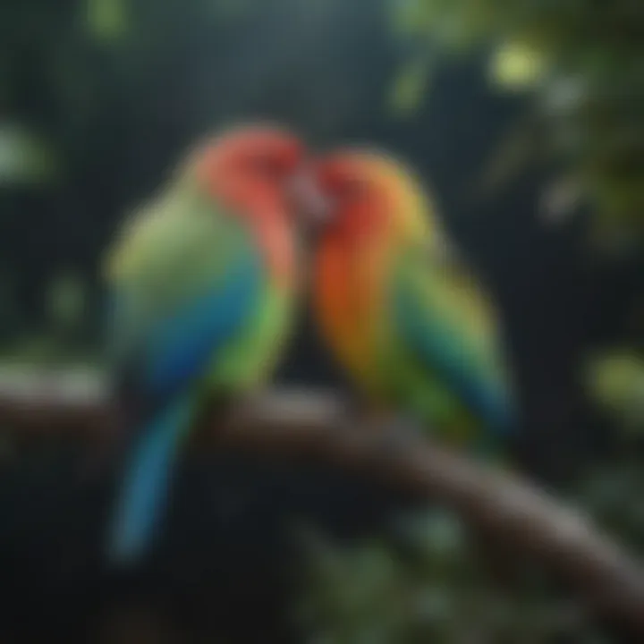 Colorful lovebirds perched on a branch