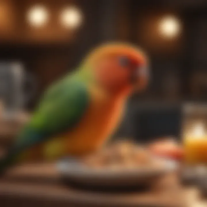 A lovebird enjoying its meal in a cozy environment