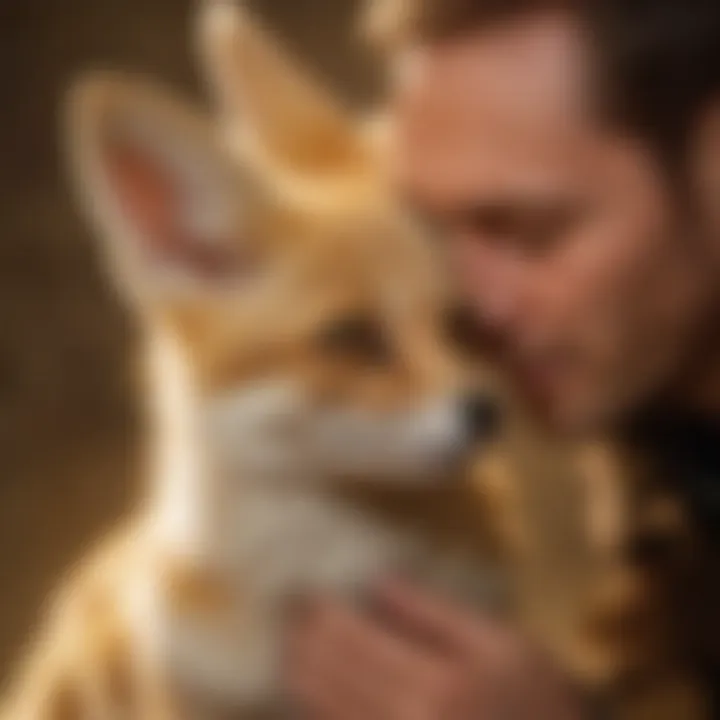 A side view of a fennec fox interacting with its owner, highlighting the bond between them