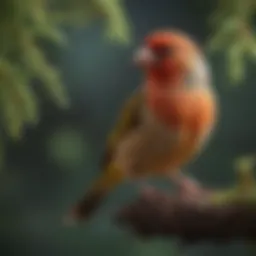 A vibrant finch perched on a branch in a well-decorated aviary.