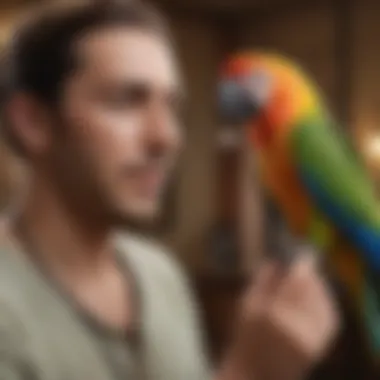 A bird caretaker interacting with a colorful parrot