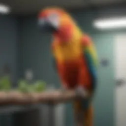 A colorful parrot perched on a branch at a veterinary clinic