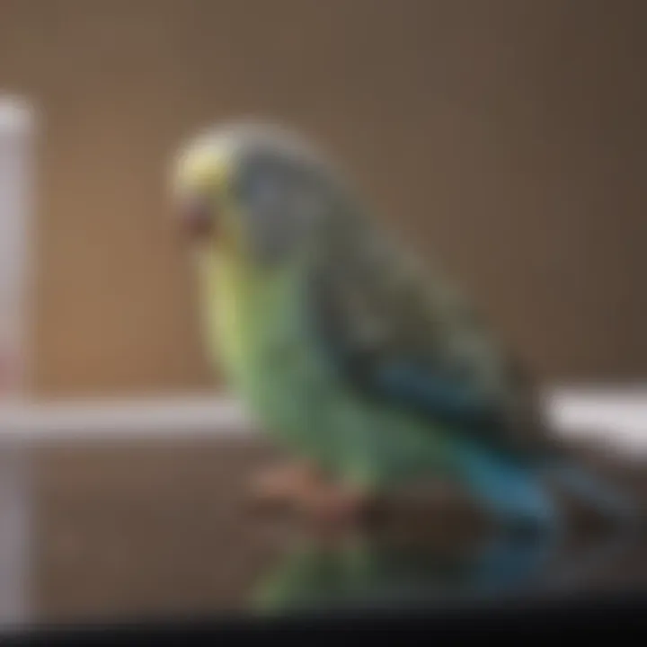 A budgie in a veterinary examination setting