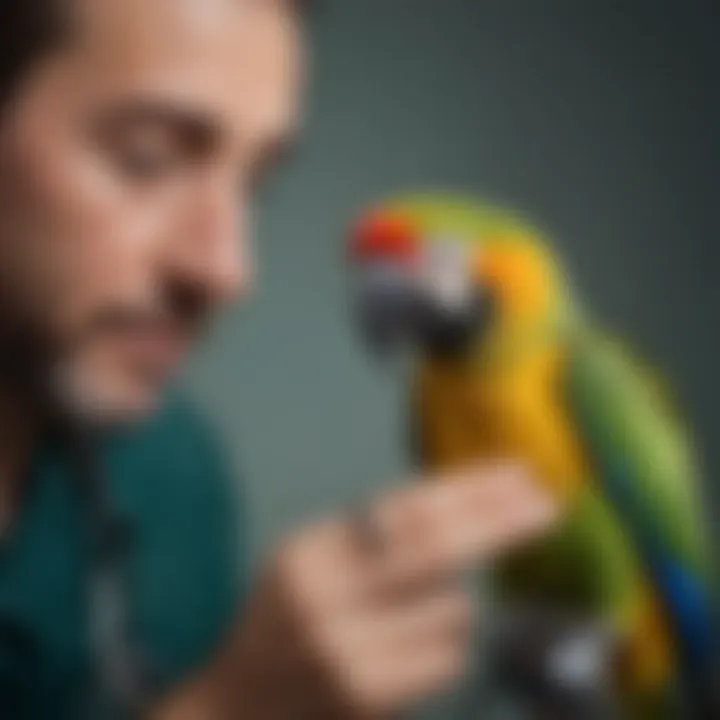 A close-up of an avian veterinarian examining a parrot with a stethoscope.