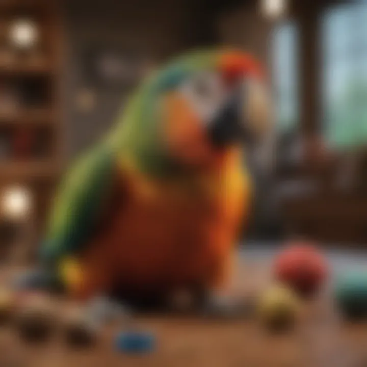 A happy parrot playing with toys in a cozy home environment.