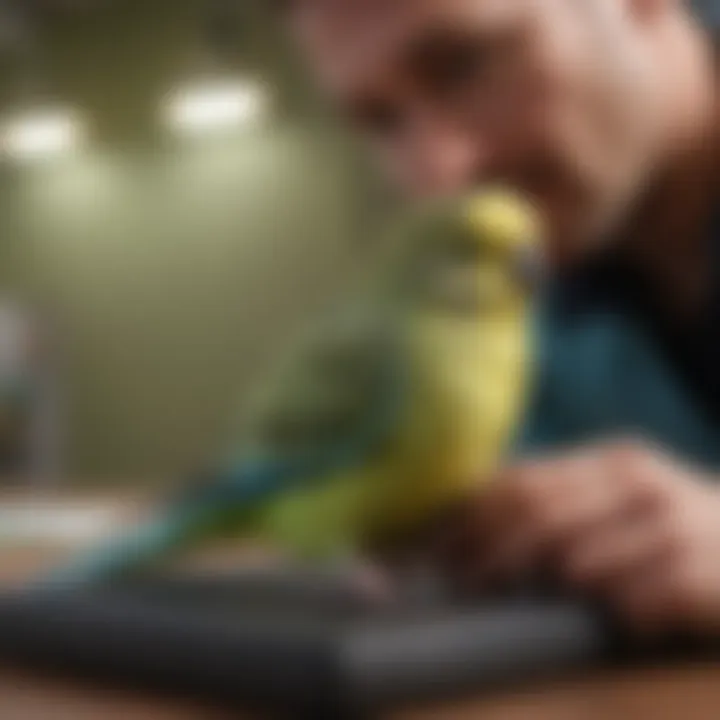 A veterinarian examining a budgie