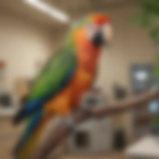 A vibrant parrot perched on a branch in a veterinary clinic, showcasing the importance of specialized avian care.