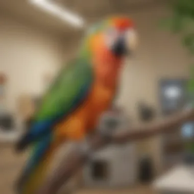 Expert Avian Care in Action A vibrant parrot perched on a branch in a veterinary clinic, showcasing the importance of specialized avian care.