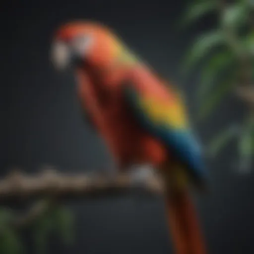 A vibrant parrot perched on a branch, showcasing its feathers