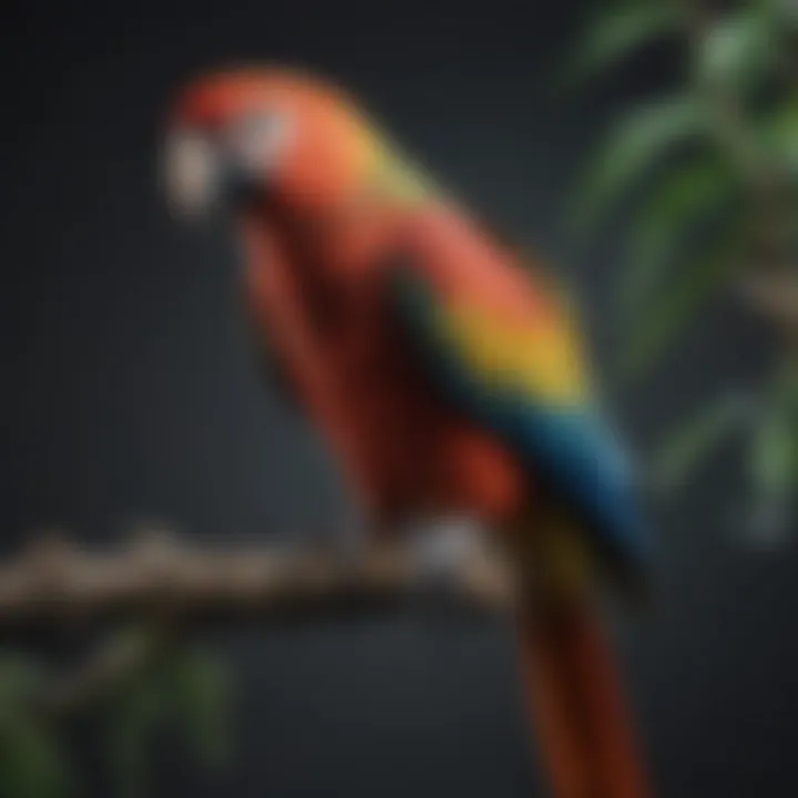 A vibrant parrot perched on a branch, showcasing its feathers