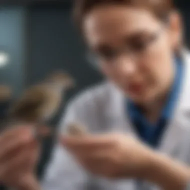 Veterinarian with a Small Bird A veterinarian examining a small bird in a clinical setting
