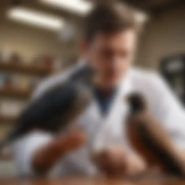A professional avian veterinarian examining a bird in a clinical setting, showcasing expertise.