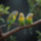 Colorful budgies perched on a branch
