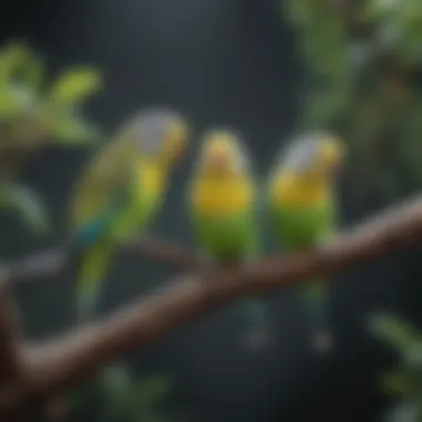 Colorful budgies perched on a branch