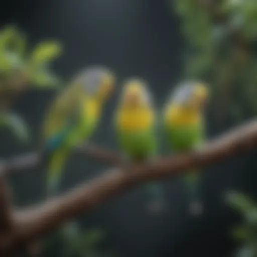 Colorful budgies perched on a branch