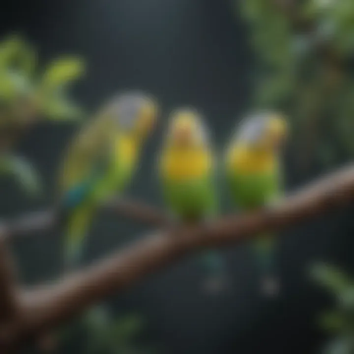 Colorful budgies perched on a branch