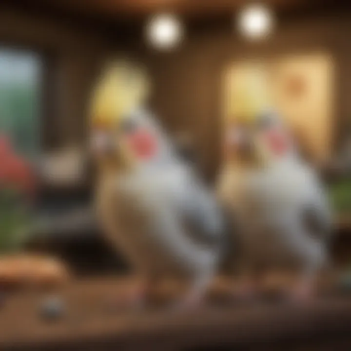 A cozy bird adoption center showcasing various cockatiels.