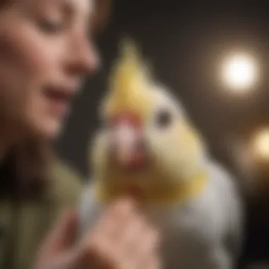 A joyful owner interacting with a cockatiel