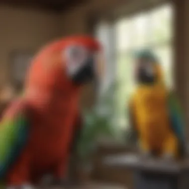 A cozy home setting with a parrot interacting with a new owner