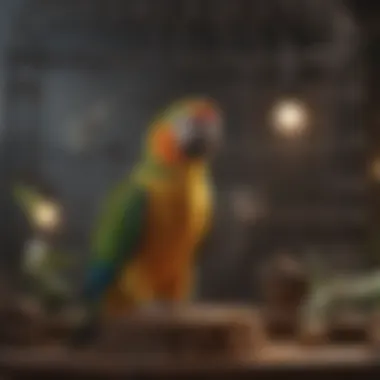 Parrot Exploring New Environment An open cage with a parrot exploring its surroundings