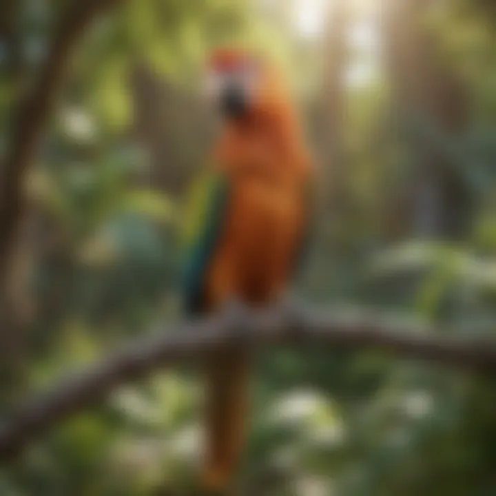 A vibrant parrot perched on a branch in a sunlit garden