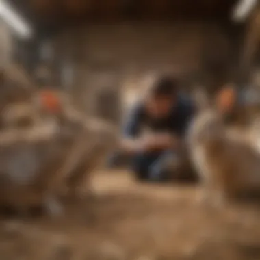 A caring breeder interacting with rabbits in a nurturing space