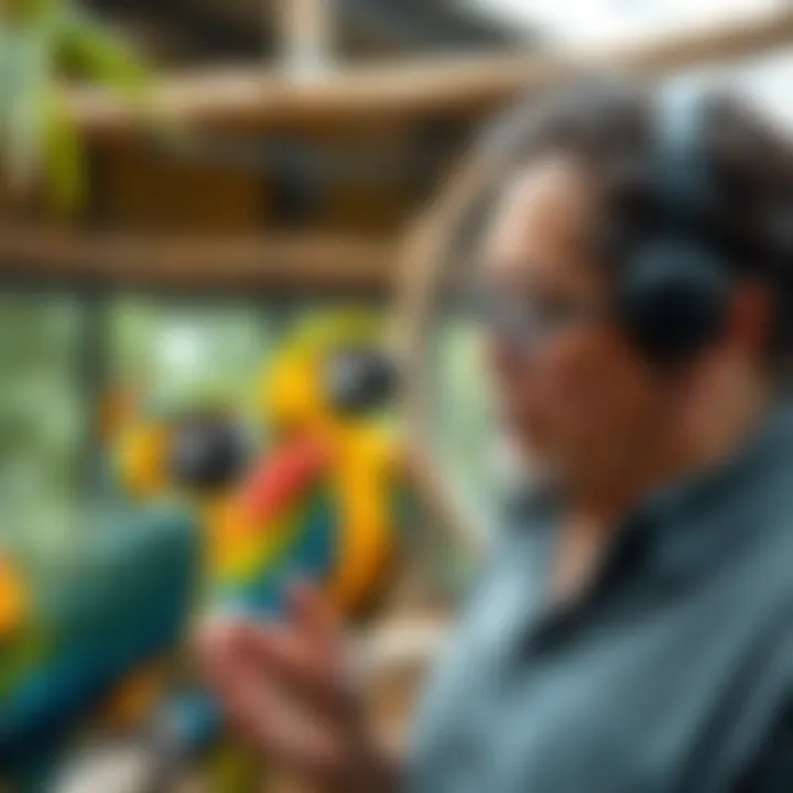 An ethical breeder interacting with macaws in a spacious aviary