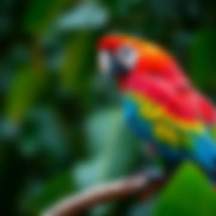 A vibrant macaw perched on a branch, showcasing its colors