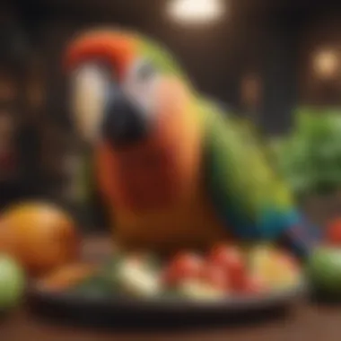 Healthy parrot enjoying fresh fruits and vegetables