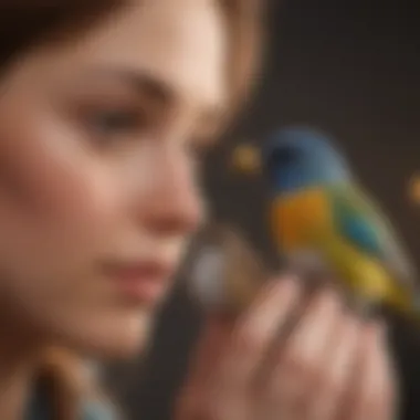 Caregiver Bonding with a Bird A person interacting lovingly with a small bird, emphasizing caregiver trust.