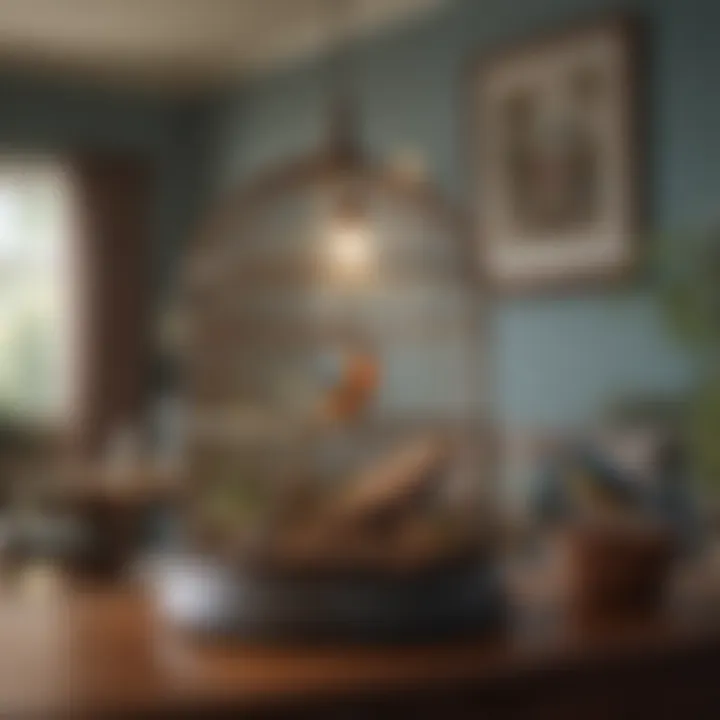 A tranquil living room setting with a birdcage and vibrant bird inside.