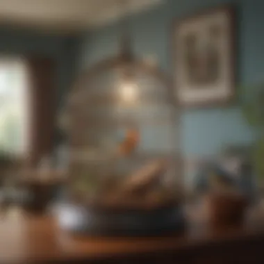 Birdcage in a Cozy Living Room A tranquil living room setting with a birdcage and vibrant bird inside.