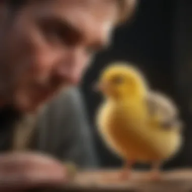 A close-up of an experienced bird breeder carefully examining a chick.